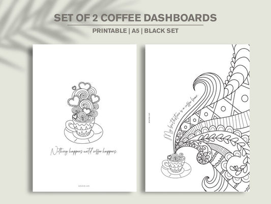 PRINTABLE Planner Dashboard Set for A5 | Coffee Planner Digital Dividers | Minimalist | GM Agenda | Vellum | Black Theme | UK Seller