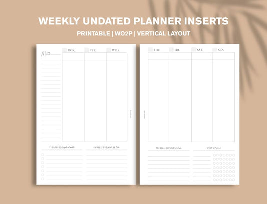 PRINTABLE Weekly Vertical Planner Inserts | A5 Undated Weekly Inserts | Vertical Version | Week On Two Pages Planner | WO2P